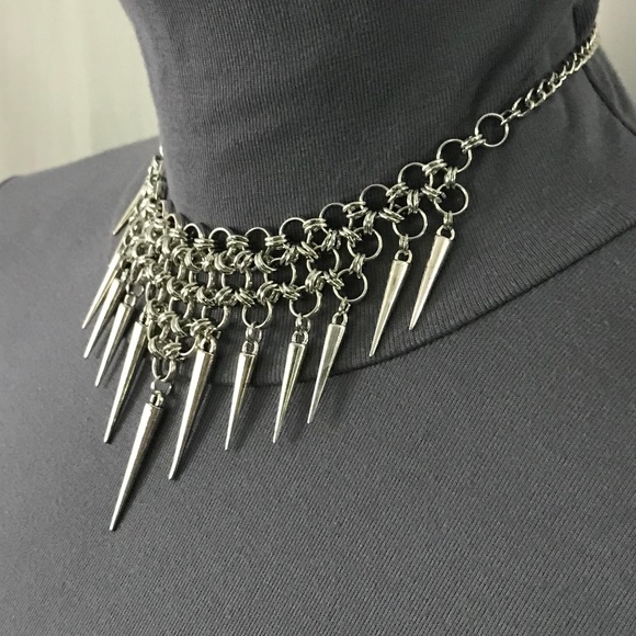 Gothic Tribal Silver Warrior Chainmail Spike Handmade Adjustable Choker Necklace - Picture 6 of 15